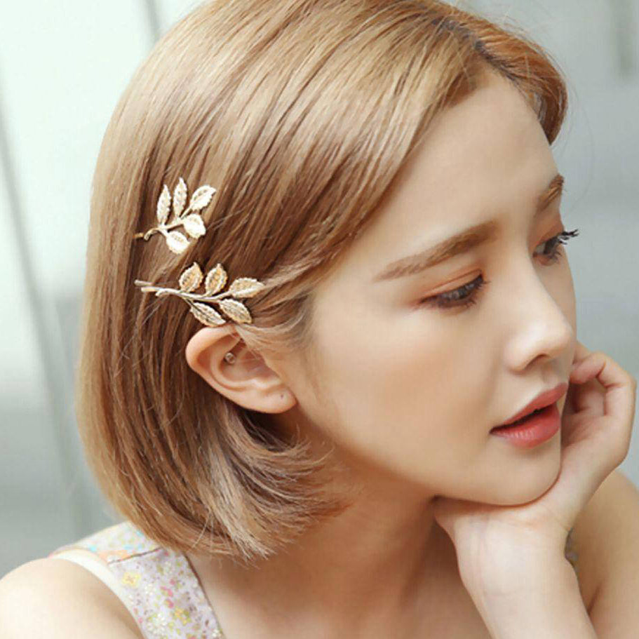 2 Pcs Five Dimensional Leaves Hairpin Golden